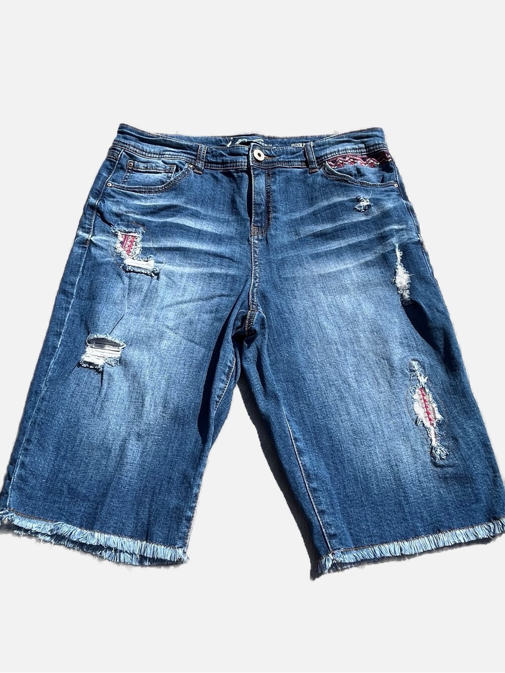 INC International Concepts Distressed High Rise Blue Denim Bermuda Shorts 12